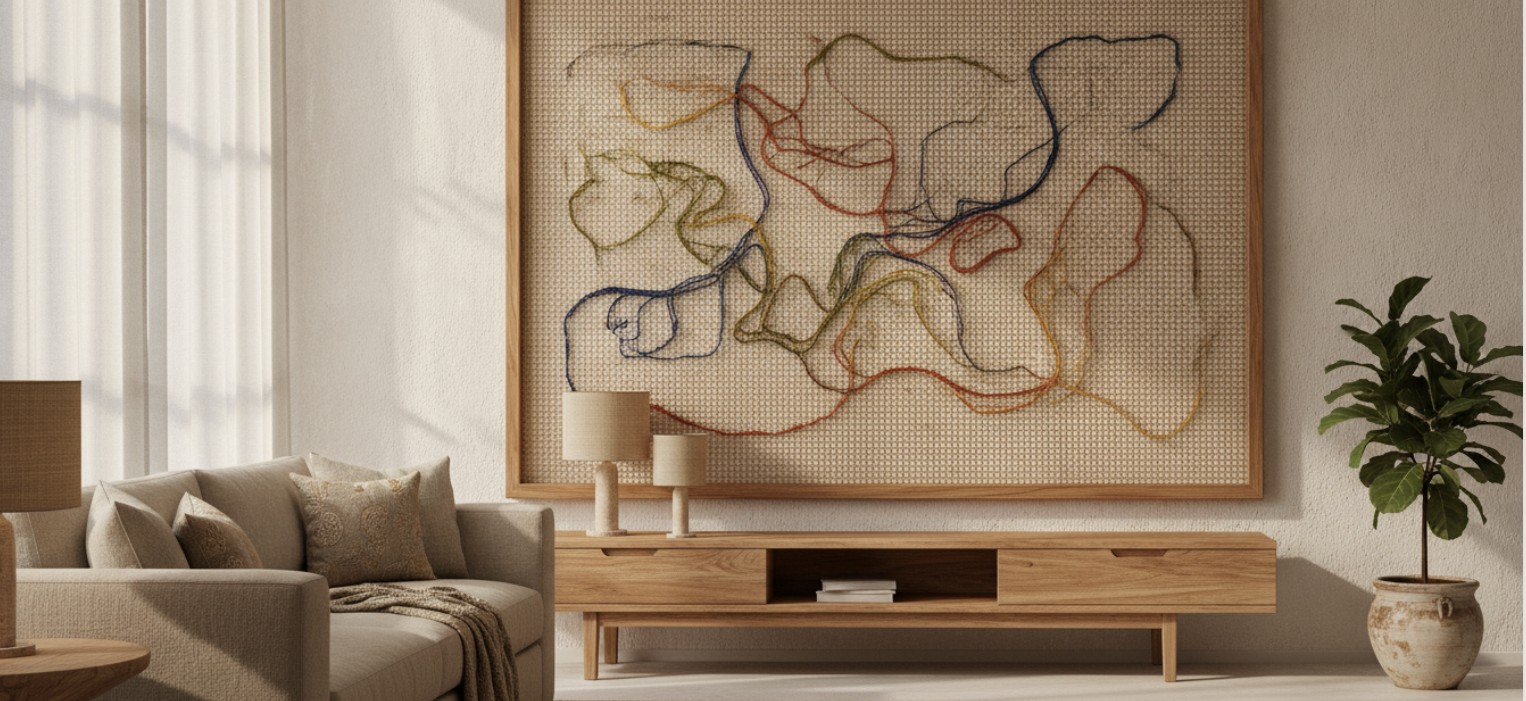 Living room with a freehand textile artwork mounted above a wooden console